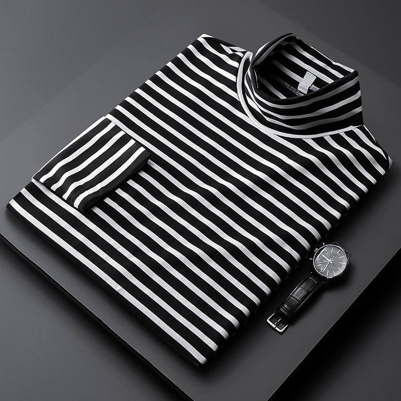 Strip high-collar blouse men autumn and winter black and white strip menu dress thin coat long sleeve suit without hat