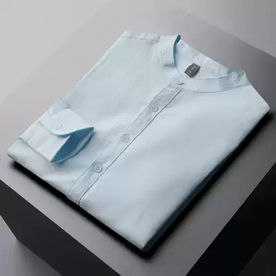 High-end niche linen cotton shirt Men's long-sleeved light business inch shirt Slim-fit small stand-up collar shirt without hat