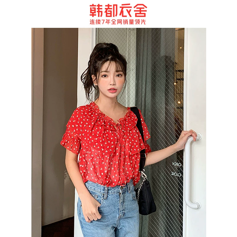 Handu Yishe Hè 2021 Phụ nữ Hàn Quốc mới Áo sơ mi voan hoa ngắn tay hàng đầu RE7149 Kun - Áo sơ mi chiffon ren