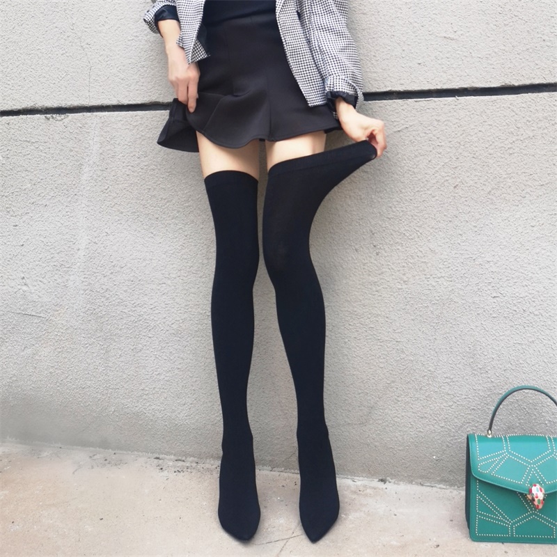 2021 autumn and winter new pointed toe stiletto over the knee boots women's plus velvet knitted stockings elastic boots socks boots