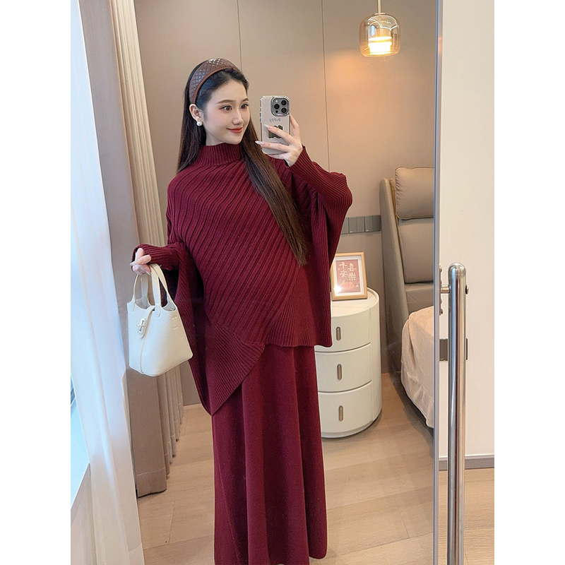 Maternity Suit Autumn and Winter New Arrivals New Year's Day Christmas New Year's Elegant Lazy Style Batwing Sleeve Sweater and Skirt Set