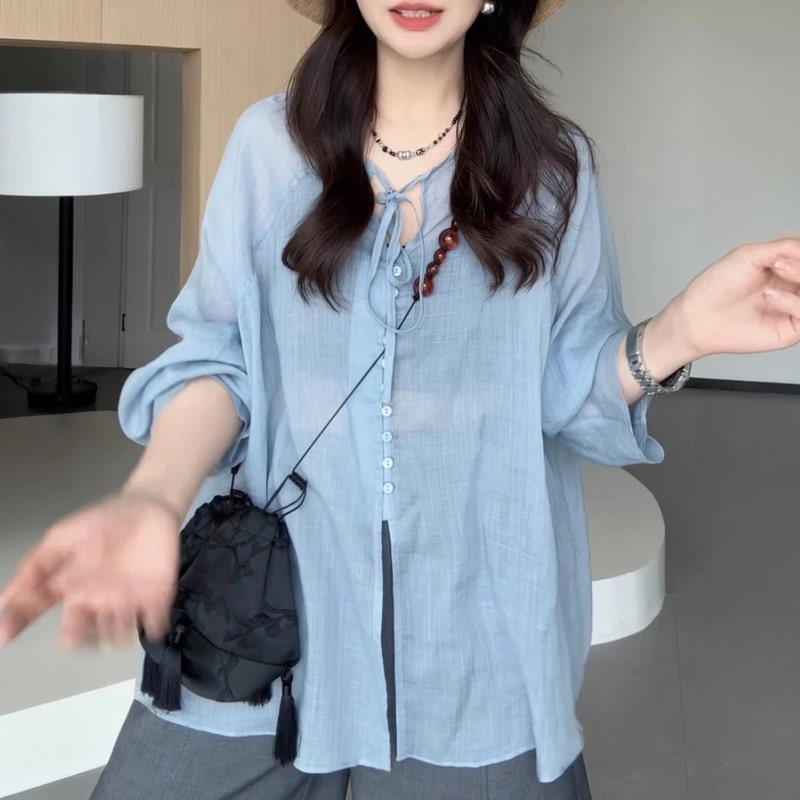 Lazy Style Retro Blue Sun Protection Shirt for Women Summer 2026 New Loose Fit Slimming Cover-Up Lace-Up Casual Top