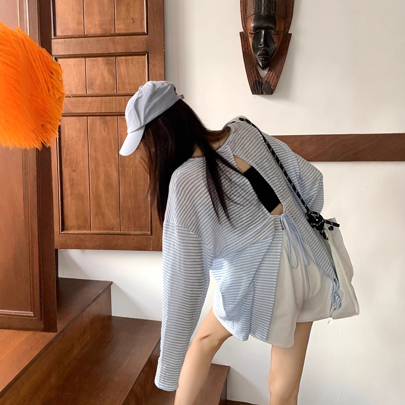 Casual Backless Tie-Up Blue Striped Long-Sleeve T-Shirt for Women, Summer Lazy Style, Sun-Protective Cover-Up, Thin Loose Top
