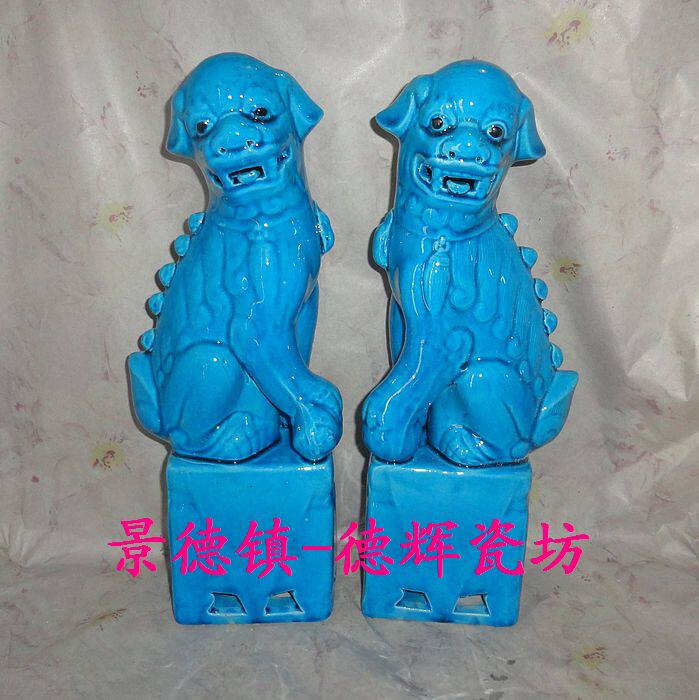 Jingdezhen Cultural Revolution factory goods porcelain Original sculpture porcelain factory gem blue glaze male and female lions a pair of town houses exorcise evil spirits