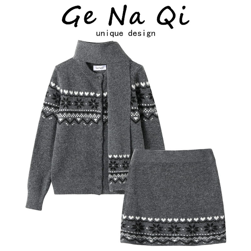 Genaqi2025 Winter New Retro Christmas Jacquard Knitwear High-Waisted A-Line Skirt Two-Piece Suit for Women Genaqi2025 Winter New Retro Christmas Jacquard Knitwear High-Waisted A-Line Skirt Two-Piece Suit for Women