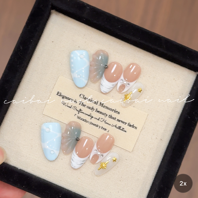 Overseas Instagram-Style Nude Milk Blue Nail Art with Embossed Shell Pearls, Metallic Star Decorations, Niche Artistic Handmade Press-On Nails