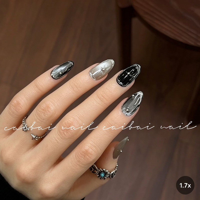 【Interstellar Dark Realm】Black and Gray Gradient Metallic Mirror Three-Dimensional Line Metal Beads Futuristic Functional Style Wearable Armor
