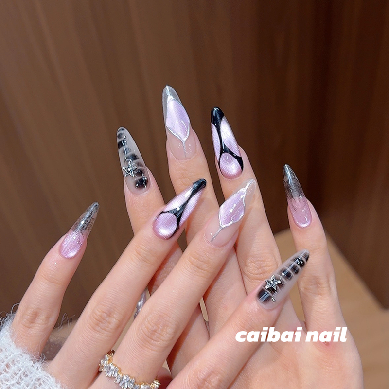 【Cyber Pink Realm】Punk Style Long Pointed Press-On Nails with Pink and Black Contrasting Colors, Metallic Silver Lines, and Transparent Gradient