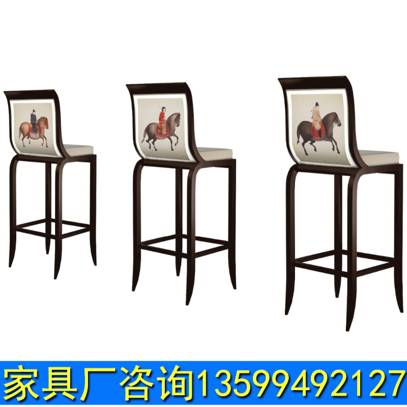 New Chinese Fashion Bar Chair Neoclassical Luxurious Printed Bar Table Chair Postmodern Dining Chair Eurostyle Solid Wood High Foot Chair