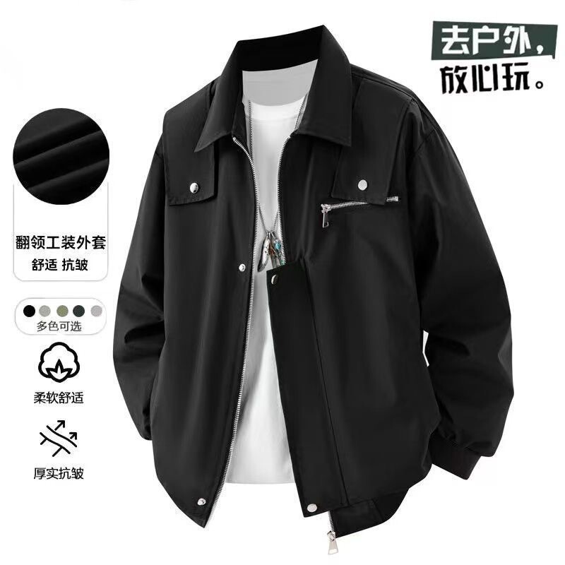 American Retro Workwear Jacket for Men, New Spring and Autumn Versatile Lapel High-Street Casual Loose Bomber Jacket