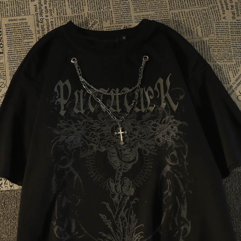 American High Street Skull Necklace Short-Sleeve Trendy Brand T-Shirt for Men and Women, Hip-Hop Loose Pure Cotton Casual Half-Sleeve Top