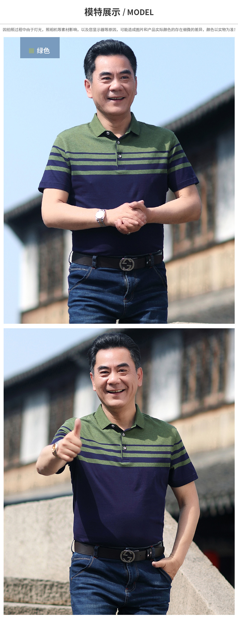 Luzhu người đàn ông trung niên ngắn tay t- shirt cha ve áo 2018 mùa hè bông thường sọc nửa tay áo polo áo sơ mi áo kẻ nam