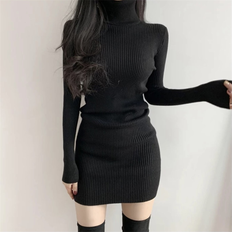 High-Neck Knitted Dress with Coat, Women's Autumn and Winter Tight-Fitting Hip-Hugging Inner Layer, Mid-Length Sweater Dress for Petite Women