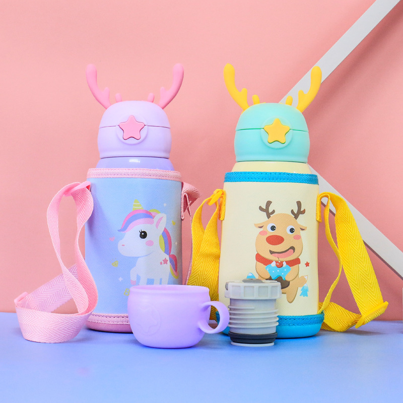 Antlers children Insured cups Kettle Braces Straws Cups Elementary School Students Portable Dual-use Anti-Fall 316 Bear Small Bucket Water Cup
