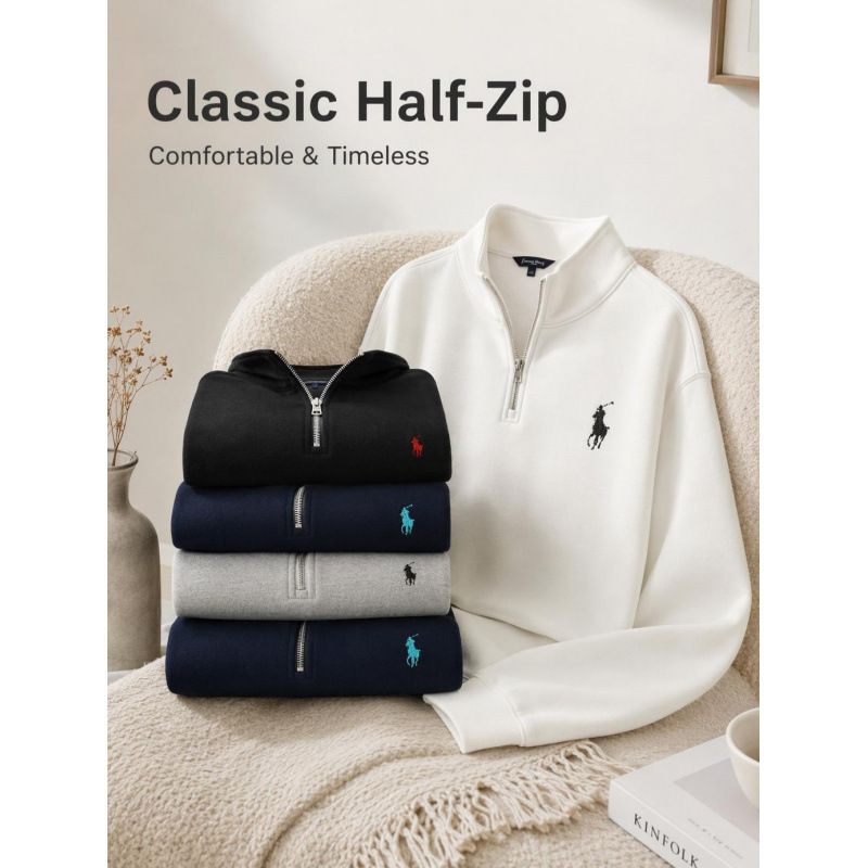 Three-Label Complete High-Quality Version Rl Xiaoma 400g Heavyweight Pure Cotton Premium Embroidered Loose Casual Half-Zip Sweatshirt Three-Label Complete High-Quality Version Rl Xiaoma 400g Heavyweight Pure Cotton Premium Embroidered Loose Casual Half-Zip Sweatshirt