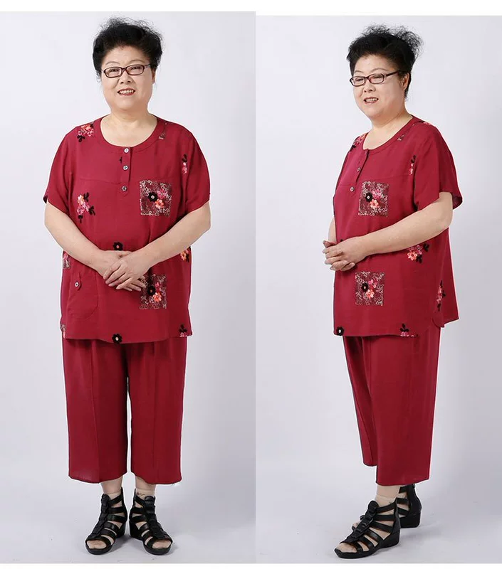 Bộ đồ trung niên và bà mẹ mùa hè phù hợp với áo rayon thoáng khí tay ngắn hai mảnh phù hợp với quần áo rộng hơn 200 kg - Quần áo của mẹ