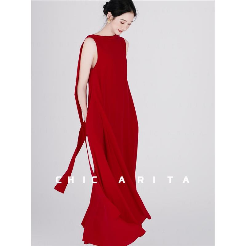 Silk Crepe De Chine Mulberry Silk Rose-Colored Flared Slimming Dress with an Elegant and Flowy Design, Summer Light Luxury, Sleeveless with Ribbons Silk Crepe De Chine Mulberry Silk Rose-Colored Flared Slimming Dress with an Elegant and Flowy Design, Summer Light Luxury, Sleeveless with Ribbons
