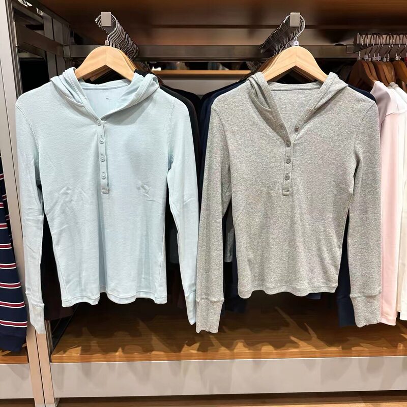 [Factory Store] Ribbed Hooded T-Shirt/Long-Sleeved Women's Knitted Stretch Solid Color Base Shirt for Spring and Autumn 488298