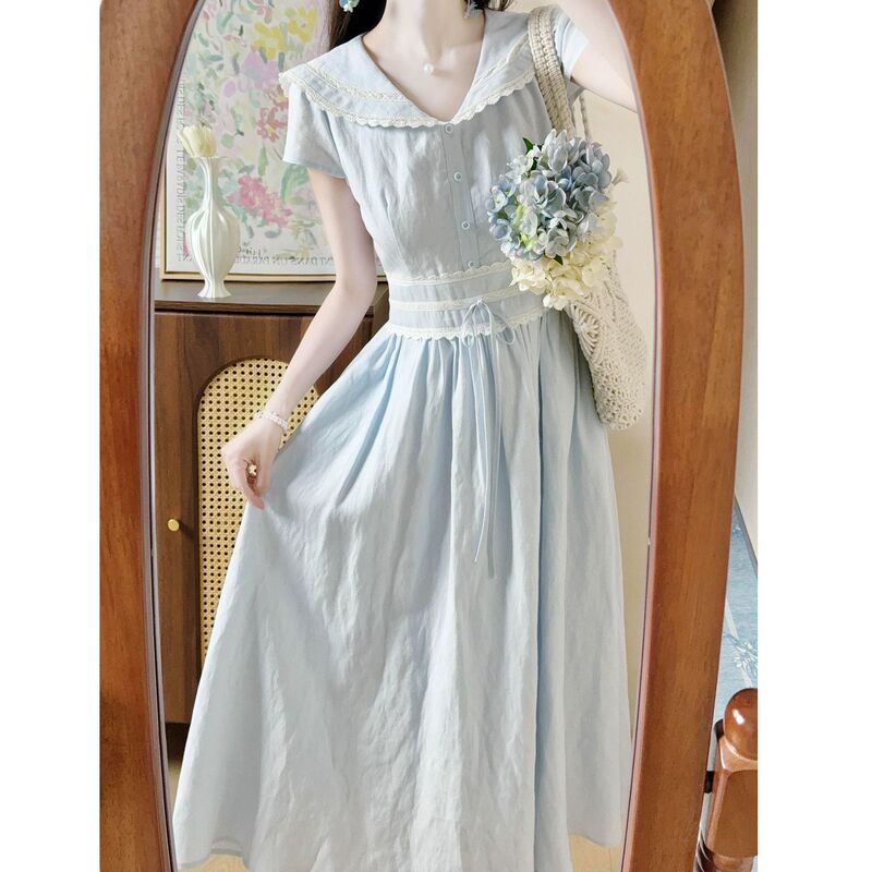 Gentle Style French Dress, Waist-Cinching Long Skirt, Suitable for 15-Year-Old Junior High School Students, 13-Year-Old Girls, 12-Year-Old Older Children, New Summer Dress