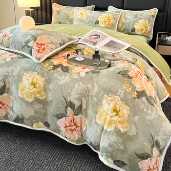 Class a Maternal and Infant Grade Milk Velvet Printed Four-Piece Set, Anti-Static, Double-Sided Fleece, High-Quality Warm Bed Sheet and Duvet Cover