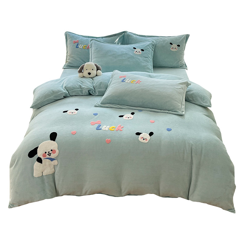 Class a New Cartoon Towel Embroidery Milk Velvet Four-Piece Set, Thickened and Warm Bed Sheet, Duvet Cover, Fleece-Lined Bedding