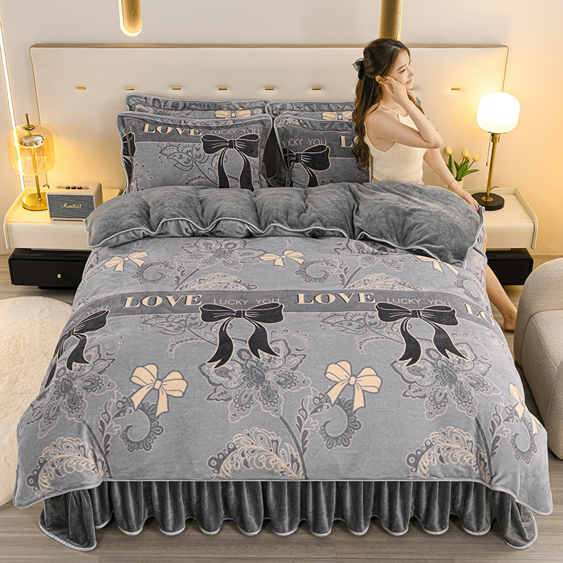 Fleece-Lined Milk Velvet Four-Piece Set 2025 New Winter Thickened Double-Sided Coral Fleece Duvet Cover Bed Flannel Bed Skirt