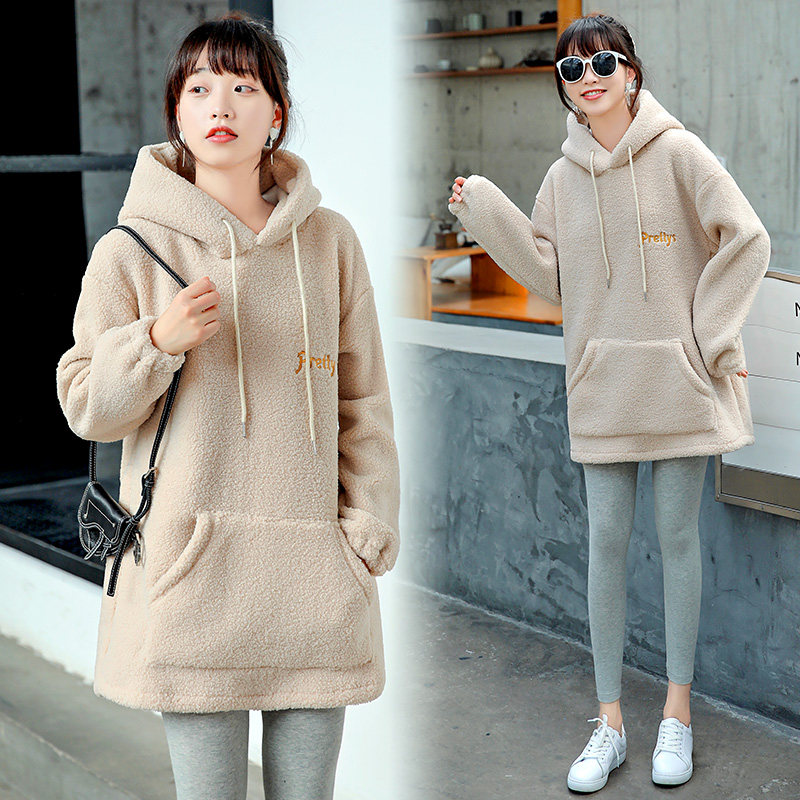 Pregnant women's autumn and winter clothes plus velvet thickened sweater women's mid-length top loose large size autumn and winter outerwear suit trendy mother