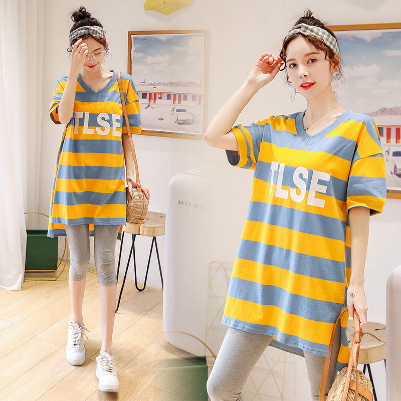 Pregnant woman summer dress foreign dress T-shirt with long version short sleeve T-shirt loose fashion 2022 summertime blouses suit Chauma
