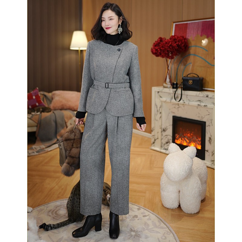 Guan Dong Herringbone Wool Blend Slim-Fit Full-Lined Suit Pants with Elastic Waist, Italian Old Money Style