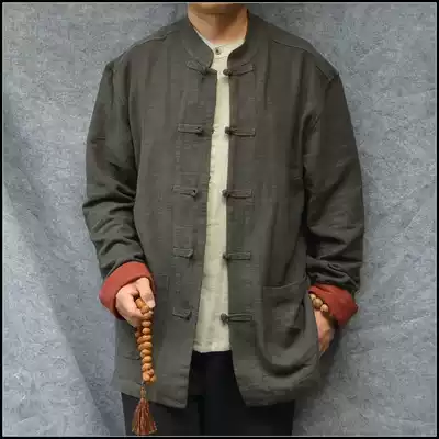 Autumn new cotton linen Tang suit men's Chinese jacket coat buckle increase number dad dress cardigan Chinese style long sleeve