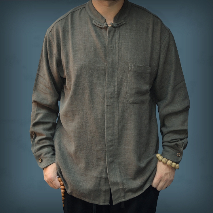 Chinese style linen long-sleeved T-shirt men's Chinese cardigan plus size loose retro cotton and linen shirt spring and autumn new top T