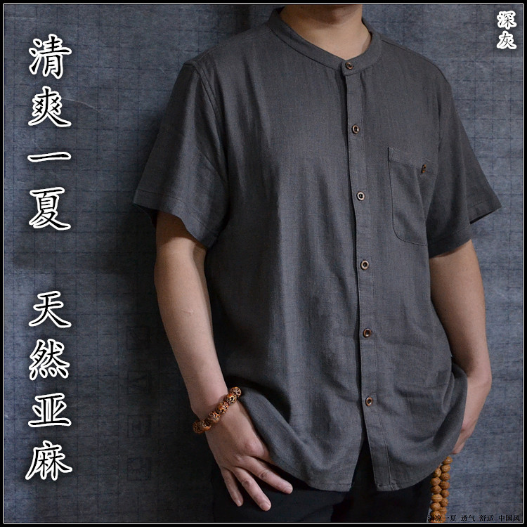 Chinese wind big size flax short sleeve shirt male Chinese T-shirt open-shirt slim fit cotton linen shirt loose hemp T blouse