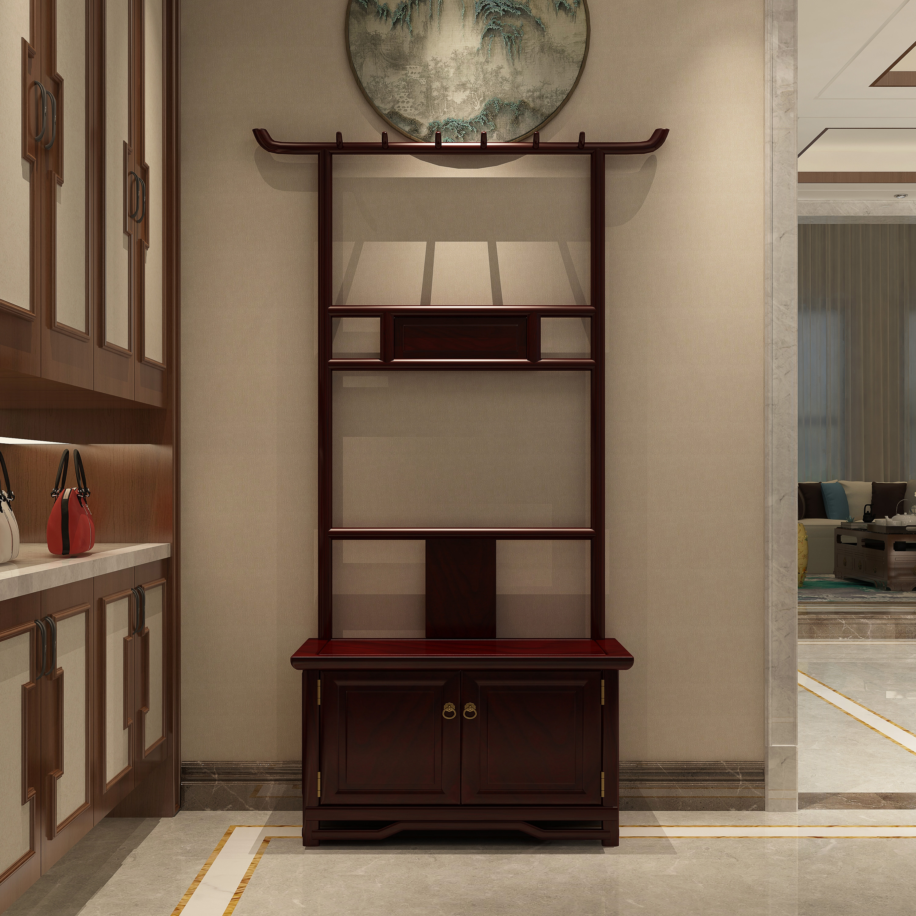 Doorway Xuanguan Shoe cabinet changing shoes stool solid wood household door hall integrated into the family-style hanging hanger modern New Chinese