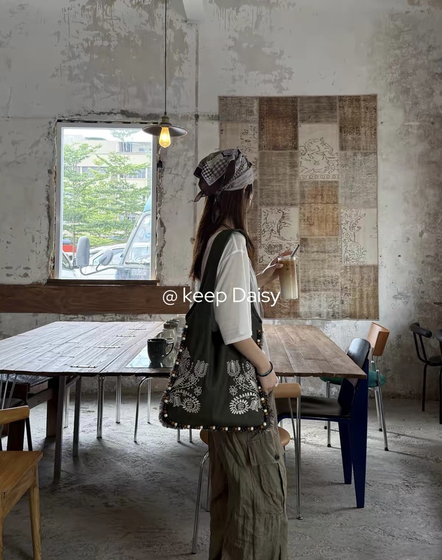 2026 New Model [Paisley] Imported Washed Canvas Crochet Embroidery Tote Bag Ethnic Style Shopping Bag