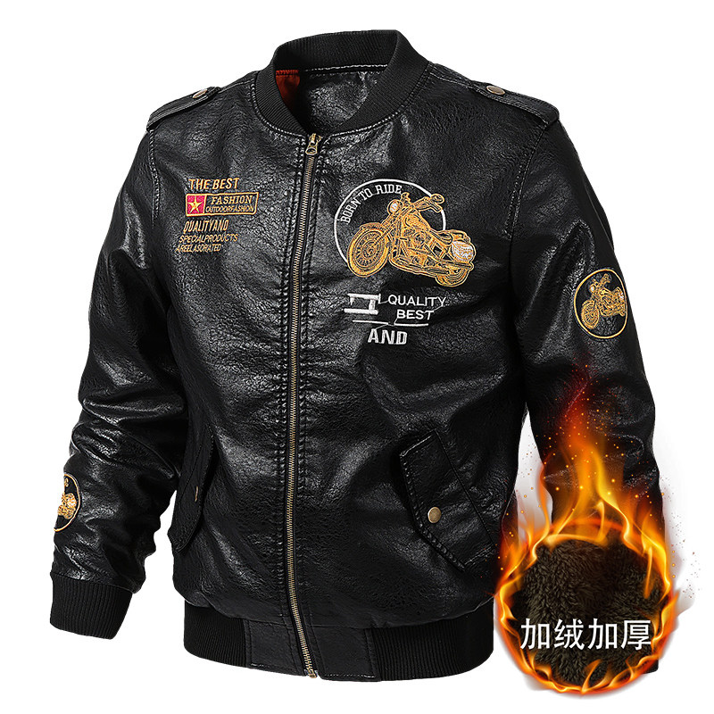 men's fashionable stand collar motorcycle coat leather jacket with thick fleece embroidered leather jacket