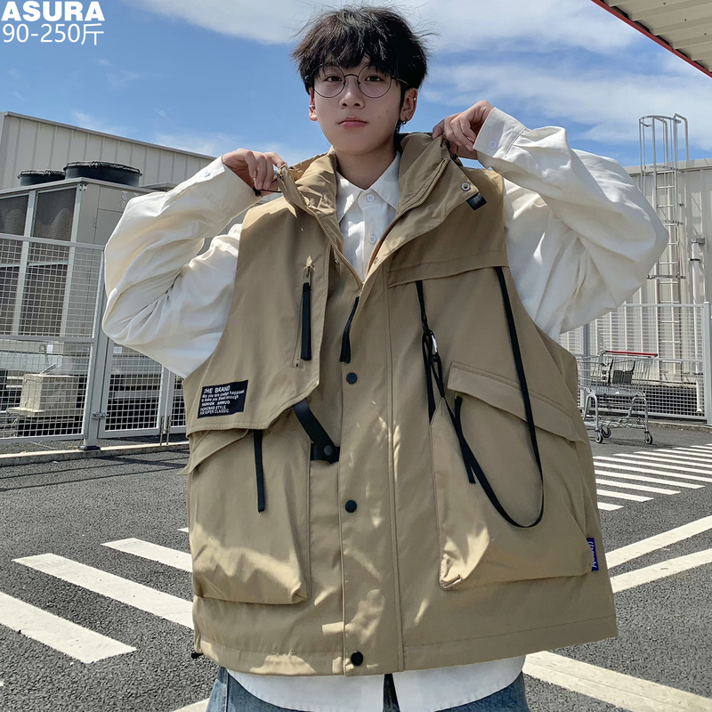 Hooded Ribbon Workwear Functional Vest Casual Sleeveless Vest Trendy Plus-Size Men's Autumn Outerwear