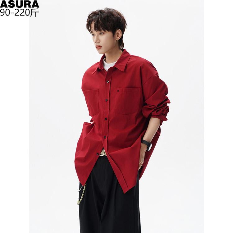 Dopamine Long-Sleeve Shirt for Men, Plus Size, Trendy, Loose-Fitting Red Shirt for Big and Tall Men, High-End Couple's Spring Outfit