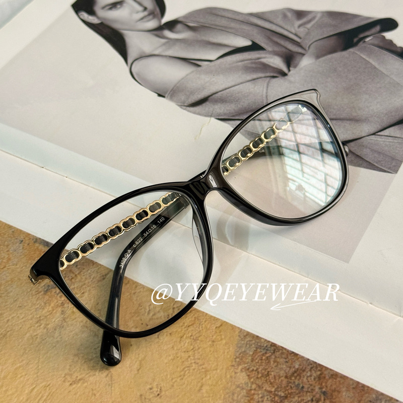Yyqeyewear/High-End Chanel-Style Black Frame 3408 Chain Plain Glasses Frame for Women with Prescription Lenses, Non-Prescription, Blue Light Blocking Yyqeyewear/High-End Chanel-Style Black Frame 3408 Chain Plain Glasses Frame for Women with Prescription Lenses, Non-Prescription, Blue Light Blocking