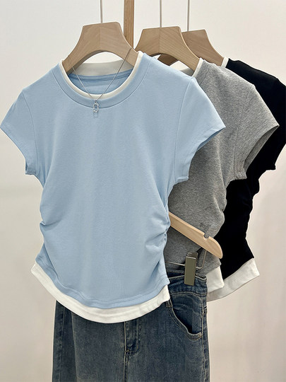 Gray right shoulder T-shirt short sleeve women's summer day 2025 new American slim fit inner short hot girl top