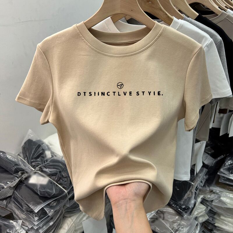 Khaki Short-Sleeved T-Shirt for Women, 2026 Summer New Slim-Fit Cotton Top, Minimalist Style with a High-End Feel Khaki Short-Sleeved T-Shirt for Women, 2026 Summer New Slim-Fit Cotton Top, Minimalist Style with a High-End Feel
