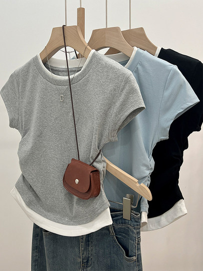 Gray right shoulder T-shirt short sleeve women's summer day 2025 new American slim fit inner short hot girl top