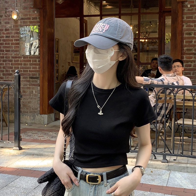 Black Cotton Regular Shoulder Short-Sleeve T-Shirt for Women, Summer 2026 New Style, Petite Versatile Slim-Fit Flattering Short Top