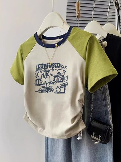 American cotton fashion brand contrasting color raglan short-sleeved T-shirt for women summer sweet and cool hot girl style right shoulder slim short top