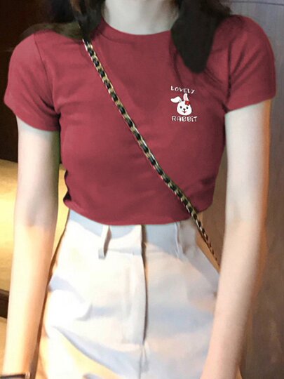 American retro trendy brand printed right shoulder slim short-sleeved T-shirt for women summer 2025 new half-sleeved short top for women