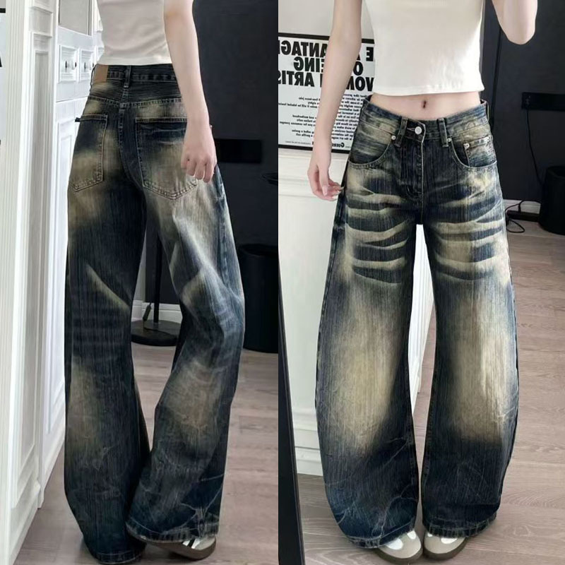 American High Street Retro Lightning Crackle Whiskered Jeans for Women, Spring and Autumn, Petite Loose Wide-Leg Scimitar Pants American High Street Retro Lightning Crackle Whiskered Jeans for Women, Spring and Autumn, Petite Loose Wide-Leg Scimitar Pants