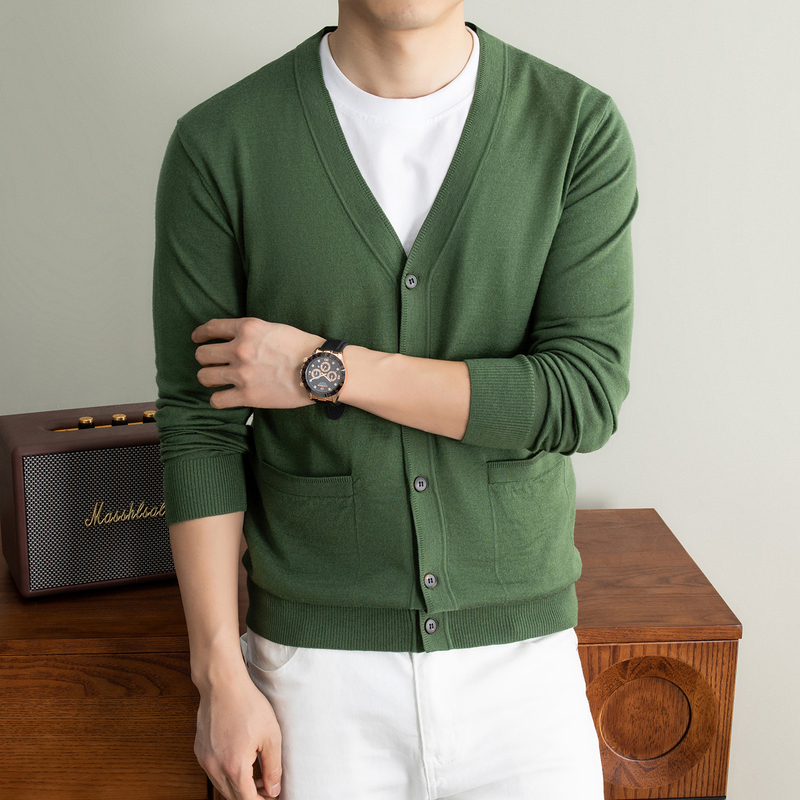 48-Count Worsted Wool Cardigan for Men, Solid Color, Old Money Style, Lightweight, 100% Sheep Wool Knit Sweater with Pockets