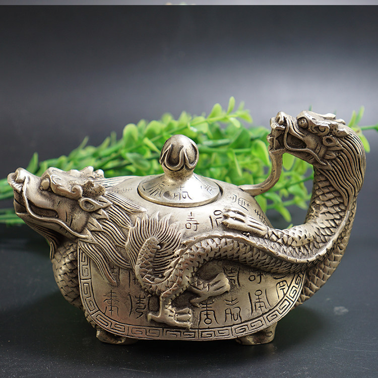Imitation Ancient Bronze Pot White Bronze Silver Plated Longevity Dragon Turtle KETTLE TEAPOT TEAPOT TEAPOT DECORATIVE GIFT ANCIENT PLAY COLLECTION