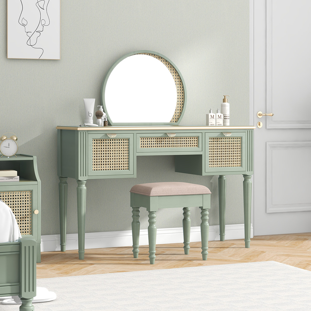 Self-viewing-style dresser rattan-made solid wood with mirror makeup stool bedroom Makeup Desk desk Beauty and makeup One table 