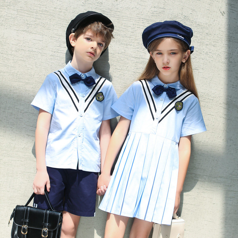Primary school children Summer class Children's kindergarten Garden clothes Blue Two sets minimalist college Wind school suit Custom