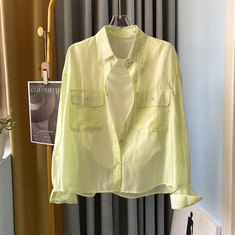 Fruit Green Shirt, Women's Short Design, Niche Style, 2024 Summer Long-Sleeved Jacket, Semi-Transparent Top, Korean Style